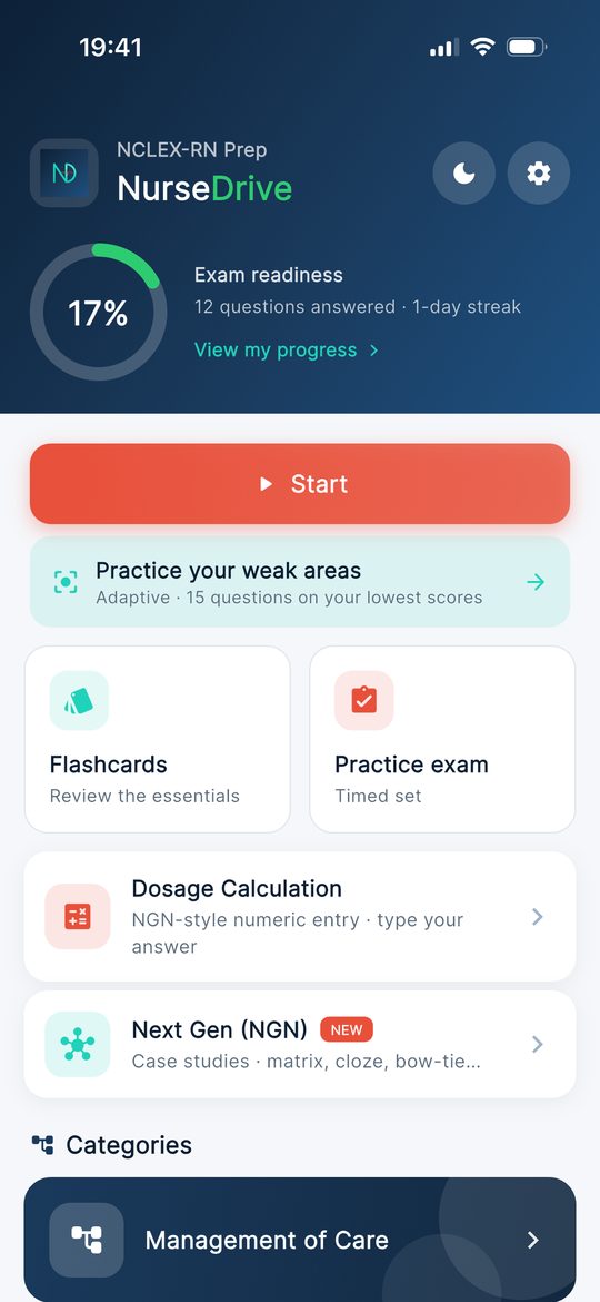 Home — readiness score, start, weak areas