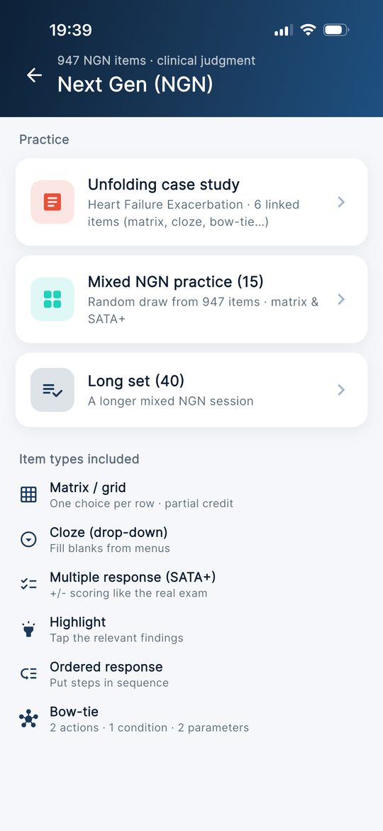 Next Gen NCLEX practice menu